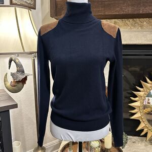 Ralph Lauren Cashmere Wool Turtleneck Sweater Suede Shoulder Patches Navy Size L